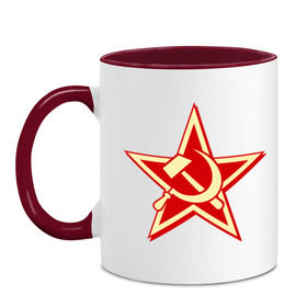 Кружка двухцветная с принтом Слава советскому человеку в Новосибирске, керамика | объем — 330 мл, диаметр — 80 мм. Цветная ручка и кайма сверху, в некоторых цветах — вся внутренняя часть | звезда | красный | молот | патриот | ретро | серп | ссср