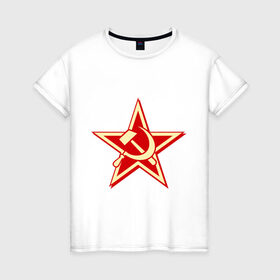 Женская футболка хлопок с принтом Слава советскому человеку в Новосибирске, 100% хлопок | прямой крой, круглый вырез горловины, длина до линии бедер, слегка спущенное плечо | звезда | красный | молот | патриот | ретро | серп | ссср