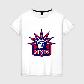 Женская футболка хлопок с принтом HC New York Rangers Emblem в Новосибирске, 100% хлопок | прямой крой, круглый вырез горловины, длина до линии бедер, слегка спущенное плечо | Тематика изображения на принте: club | hockey | new | nyr | rangers | york | клуб | хоккей