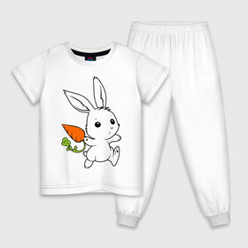 Детская пижама хлопок с принтом Зайка с морковкой в Новосибирске, 100% хлопок |  брюки и футболка прямого кроя, без карманов, на брюках мягкая резинка на поясе и по низу штанин
 | Тематика изображения на принте: белый | зайка | заяц | кролик | милый | морковь