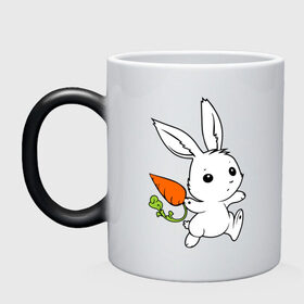 Кружка хамелеон с принтом Зайка с морковкой в Новосибирске, керамика | меняет цвет при нагревании, емкость 330 мл | белый | зайка | заяц | кролик | милый | морковь