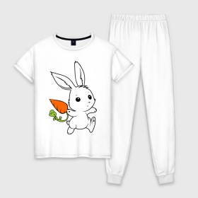 Женская пижама хлопок с принтом Зайка с морковкой в Новосибирске, 100% хлопок | брюки и футболка прямого кроя, без карманов, на брюках мягкая резинка на поясе и по низу штанин | белый | зайка | заяц | кролик | милый | морковь