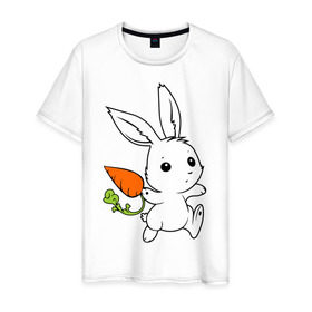 Мужская футболка хлопок с принтом Зайка с морковкой в Новосибирске, 100% хлопок | прямой крой, круглый вырез горловины, длина до линии бедер, слегка спущенное плечо. | Тематика изображения на принте: белый | зайка | заяц | кролик | милый | морковь