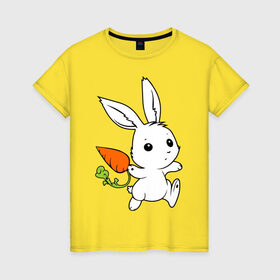 Женская футболка хлопок с принтом Зайка с морковкой в Новосибирске, 100% хлопок | прямой крой, круглый вырез горловины, длина до линии бедер, слегка спущенное плечо | белый | зайка | заяц | кролик | милый | морковь