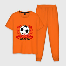 Мужская пижама хлопок с принтом Торпедо в Новосибирске, 100% хлопок | брюки и футболка прямого кроя, без карманов, на брюках мягкая резинка на поясе и по низу штанин
 | венок | москва | мяч | спорт | торпедо | фк | футбол | футбольный клуб
