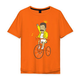 Мужская футболка хлопок Oversize с принтом Фредди на велосипеде в Новосибирске, 100% хлопок | свободный крой, круглый ворот, “спинка” длиннее передней части | Тематика изображения на принте: queen | велосипед | меломанам | музыка | прикол | рок | фрэдди меркьюри