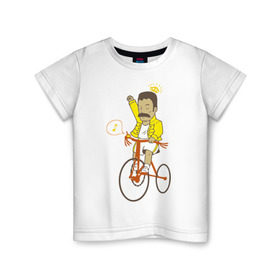 Детская футболка хлопок с принтом Фредди на велосипеде в Новосибирске, 100% хлопок | круглый вырез горловины, полуприлегающий силуэт, длина до линии бедер | Тематика изображения на принте: queen | велосипед | меломанам | музыка | прикол | рок | фрэдди меркьюри
