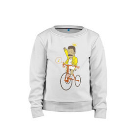 Детский свитшот хлопок с принтом Фредди на велосипеде в Новосибирске, 100% хлопок | круглый вырез горловины, эластичные манжеты, пояс и воротник | Тематика изображения на принте: queen | велосипед | меломанам | музыка | прикол | рок | фрэдди меркьюри