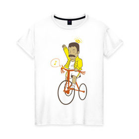 Женская футболка хлопок с принтом Фредди на велосипеде в Новосибирске, 100% хлопок | прямой крой, круглый вырез горловины, длина до линии бедер, слегка спущенное плечо | queen | велосипед | меломанам | музыка | прикол | рок | фрэдди меркьюри