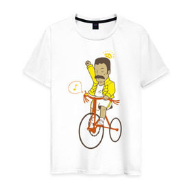 Мужская футболка хлопок с принтом Фредди на велосипеде в Новосибирске, 100% хлопок | прямой крой, круглый вырез горловины, длина до линии бедер, слегка спущенное плечо. | Тематика изображения на принте: queen | велосипед | меломанам | музыка | прикол | рок | фрэдди меркьюри