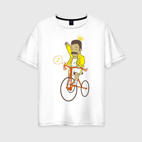 Женская футболка хлопок Oversize с принтом Фредди на велосипеде в Новосибирске, 100% хлопок | свободный крой, круглый ворот, спущенный рукав, длина до линии бедер
 | Тематика изображения на принте: queen | велосипед | меломанам | музыка | прикол | рок | фрэдди меркьюри