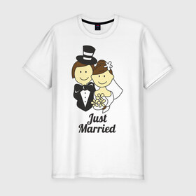 Мужская футболка премиум с принтом Just Married - Молодожены в Новосибирске, 92% хлопок, 8% лайкра | приталенный силуэт, круглый вырез ворота, длина до линии бедра, короткий рукав | just married | жених | молодожены | невеста | подарки | праздник | свадьби