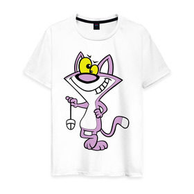Мужская футболка хлопок с принтом Кот с мышкой в Новосибирске, 100% хлопок | прямой крой, круглый вырез горловины, длина до линии бедер, слегка спущенное плечо. | животное мурка | кот с мышкой | котик | котяра | мышка