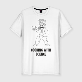 Мужская футболка премиум с принтом Cooking with science в Новосибирске, 92% хлопок, 8% лайкра | приталенный силуэт, круглый вырез ворота, длина до линии бедра, короткий рукав | Тематика изображения на принте: 