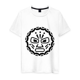 Мужская футболка хлопок с принтом Маска индейских племен в Новосибирске, 100% хлопок | прямой крой, круглый вырез горловины, длина до линии бедер, слегка спущенное плечо. | Тематика изображения на принте: ацтеки | индейцы | культ | майа | маска | племя