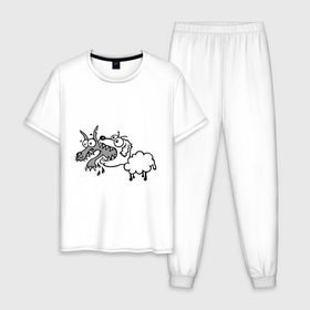 Мужская пижама хлопок с принтом Волк и овечка в Новосибирске, 100% хлопок | брюки и футболка прямого кроя, без карманов, на брюках мягкая резинка на поясе и по низу штанин
 | баран | внезапно | волк | ловушка | овечка | овца