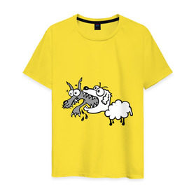Мужская футболка хлопок с принтом Волк и овечка в Новосибирске, 100% хлопок | прямой крой, круглый вырез горловины, длина до линии бедер, слегка спущенное плечо. | баран | внезапно | волк | ловушка | овечка | овца