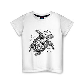 Детская футболка хлопок с принтом Черепашка в Новосибирске, 100% хлопок | круглый вырез горловины, полуприлегающий силуэт, длина до линии бедер | Тематика изображения на принте: морская | панцирь | черепаха