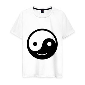 Мужская футболка хлопок с принтом Веселый Инь Янь в Новосибирске, 100% хлопок | прямой крой, круглый вырез горловины, длина до линии бедер, слегка спущенное плечо. | Тематика изображения на принте: веселый | инь | китай | смайл | улыбка | философия | ян | янь