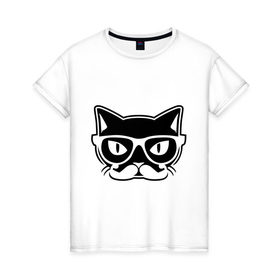 Женская футболка хлопок с принтом Учёный кот в Новосибирске, 100% хлопок | прямой крой, круглый вырез горловины, длина до линии бедер, слегка спущенное плечо | голова | кот | очки | усы | ученый | хипстер