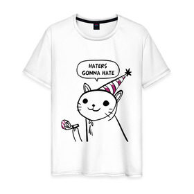 Мужская футболка хлопок с принтом Haters gonna hate в Новосибирске, 100% хлопок | прямой крой, круглый вырез горловины, длина до линии бедер, слегка спущенное плечо. | haters gonna hate | party cat | кот | мемы | праздник | приколы