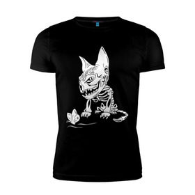 Мужская футболка премиум с принтом Скелет кота в Новосибирске, 92% хлопок, 8% лайкра | приталенный силуэт, круглый вырез ворота, длина до линии бедра, короткий рукав | бабочка | скелет