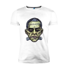 Мужская футболка премиум с принтом Зомби Обама в Новосибирске, 92% хлопок, 8% лайкра | приталенный силуэт, круглый вырез ворота, длина до линии бедра, короткий рукав | halloween | helloween | день всех святых | обама. президент | праздники | приколы | темные | тыквы | хэллоуин