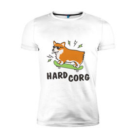 Мужская футболка премиум с принтом Hardcorg в Новосибирске, 92% хлопок, 8% лайкра | приталенный силуэт, круглый вырез ворота, длина до линии бедра, короткий рукав | Тематика изображения на принте: hardcorg | корги | очки | пес | скейт | собаки