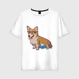 Женская футболка хлопок Oversize с принтом Хипстер Корги в Новосибирске, 100% хлопок | свободный крой, круглый ворот, спущенный рукав, длина до линии бедер
 | корги | милота | модник | очки | пес | плеер | собаки | хипстер