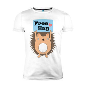Мужская футболка премиум с принтом Ежик бесплатные обнимашки в Новосибирске, 92% хлопок, 8% лайкра | приталенный силуэт, круглый вырез ворота, длина до линии бедра, короткий рукав | Тематика изображения на принте: free hugs | бесплатно | еж | обнимашки