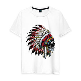 Мужская футболка хлопок с принтом Индеец в Новосибирске, 100% хлопок | прямой крой, круглый вырез горловины, длина до линии бедер, слегка спущенное плечо. | индеец | коренной американец | перья | тату | череп