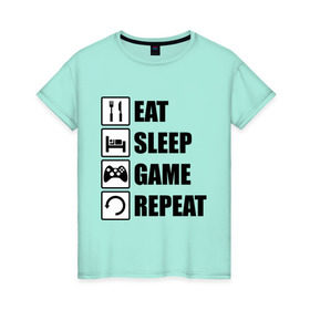 Женская футболка хлопок с принтом Repeat в Новосибирске, 100% хлопок | прямой крой, круглый вырез горловины, длина до линии бедер, слегка спущенное плечо | eat | game | repeat | sleep | еда | знаки | игры | перезагрузка | сон