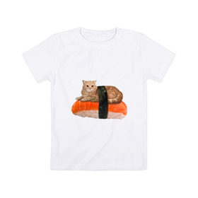 Детская футболка хлопок с принтом Котосуши в Новосибирске, 100% хлопок | круглый вырез горловины, полуприлегающий силуэт, длина до линии бедер | киса | кот | котосуши | рис | суши еда