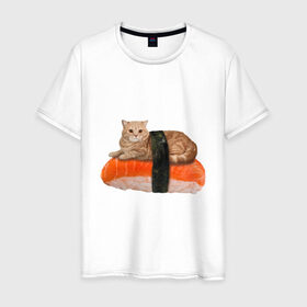 Мужская футболка хлопок с принтом Котосуши в Новосибирске, 100% хлопок | прямой крой, круглый вырез горловины, длина до линии бедер, слегка спущенное плечо. | Тематика изображения на принте: киса | кот | котосуши | рис | суши еда