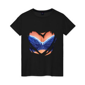 Женская футболка хлопок с принтом Голубой бюстгальтер в Новосибирске, 100% хлопок | прямой крой, круглый вырез горловины, длина до линии бедер, слегка спущенное плечо | бантик | бюст | бюстгальтер | грудь | идеальный бюст | лиф | синий лиф | тело