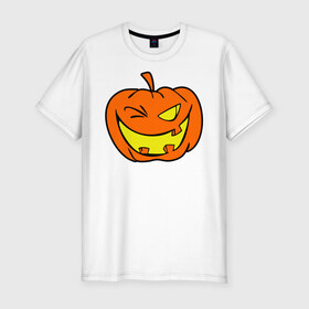 Мужская футболка премиум с принтом Подмигивающая тыква в Новосибирске, 92% хлопок, 8% лайкра | приталенный силуэт, круглый вырез ворота, длина до линии бедра, короткий рукав | halloween | тыква | хэллоуин