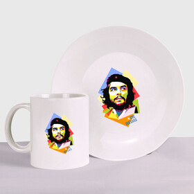Набор: тарелка + кружка с принтом Che Guevara в Новосибирске, керамика | Кружка: объем — 330 мл, диаметр — 80 мм. Принт наносится на бока кружки, можно сделать два разных изображения. 
Тарелка: диаметр - 210 мм, диаметр для нанесения принта - 120 мм. | че гевара