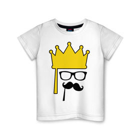 Детская футболка хлопок с принтом Мужская корона и очки в Новосибирске, 100% хлопок | круглый вырез горловины, полуприлегающий силуэт, длина до линии бедер | король | корона | очки | усы