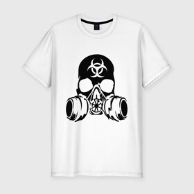 Мужская футболка премиум с принтом Радиоактивность в Новосибирске, 92% хлопок, 8% лайкра | приталенный силуэт, круглый вырез ворота, длина до линии бедра, короткий рукав | Тематика изображения на принте: биологическая угроза | противогаз | радиация | респиратор | череп