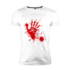Мужская футболка премиум с принтом Кровавый отпечаток руки в Новосибирске, 92% хлопок, 8% лайкра | приталенный силуэт, круглый вырез ворота, длина до линии бедра, короткий рукав | Тематика изображения на принте: кровь | отпечаток | пятно | рука | след