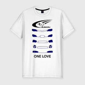 Мужская футболка премиум с принтом One love subaru в Новосибирске, 92% хлопок, 8% лайкра | приталенный силуэт, круглый вырез ворота, длина до линии бедра, короткий рукав | logo | one love | sti | subaru | авто | лого | субарик | субару