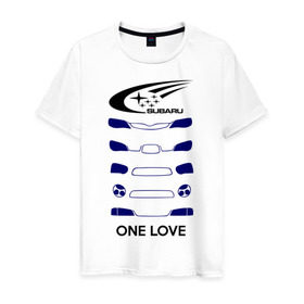 Мужская футболка хлопок с принтом One love subaru в Новосибирске, 100% хлопок | прямой крой, круглый вырез горловины, длина до линии бедер, слегка спущенное плечо. | logo | one love | sti | subaru | авто | лого | субарик | субару