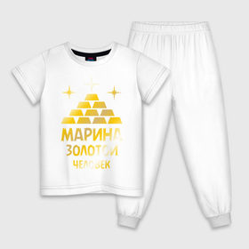 Детская пижама хлопок с принтом Марина - золотой человек (gold) в Новосибирске, 100% хлопок |  брюки и футболка прямого кроя, без карманов, на брюках мягкая резинка на поясе и по низу штанин
 | Тематика изображения на принте: золото | золотой человек | марина