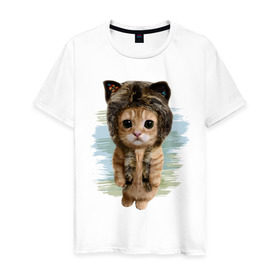 Мужская футболка хлопок с принтом Милый котик в Новосибирске, 100% хлопок | прямой крой, круглый вырез горловины, длина до линии бедер, слегка спущенное плечо. | cat | киса | котик | кошка | милаха | милый котик | шапка