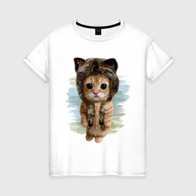 Женская футболка хлопок с принтом Милый котик в Новосибирске, 100% хлопок | прямой крой, круглый вырез горловины, длина до линии бедер, слегка спущенное плечо | Тематика изображения на принте: cat | киса | котик | кошка | милаха | милый котик | шапка