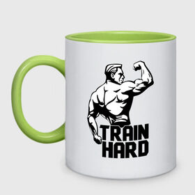 Кружка двухцветная с принтом Train hard (тренируйся усердно) в Новосибирске, керамика | объем — 330 мл, диаметр — 80 мм. Цветная ручка и кайма сверху, в некоторых цветах — вся внутренняя часть | hard | train | спорт | тренируйся | усердно