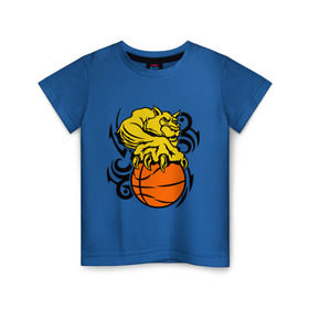 Детская футболка хлопок с принтом Тигр с мячом в Новосибирске, 100% хлопок | круглый вырез горловины, полуприлегающий силуэт, длина до линии бедер | basketball | баскетбол | мяч | пантера | тигр