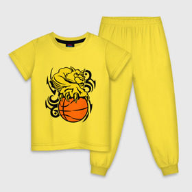 Детская пижама хлопок с принтом Тигр с мячом в Новосибирске, 100% хлопок |  брюки и футболка прямого кроя, без карманов, на брюках мягкая резинка на поясе и по низу штанин
 | basketball | баскетбол | мяч | пантера | тигр
