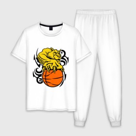Мужская пижама хлопок с принтом Тигр с мячом в Новосибирске, 100% хлопок | брюки и футболка прямого кроя, без карманов, на брюках мягкая резинка на поясе и по низу штанин
 | basketball | баскетбол | мяч | пантера | тигр