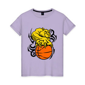 Женская футболка хлопок с принтом Тигр с мячом в Новосибирске, 100% хлопок | прямой крой, круглый вырез горловины, длина до линии бедер, слегка спущенное плечо | basketball | баскетбол | мяч | пантера | тигр
